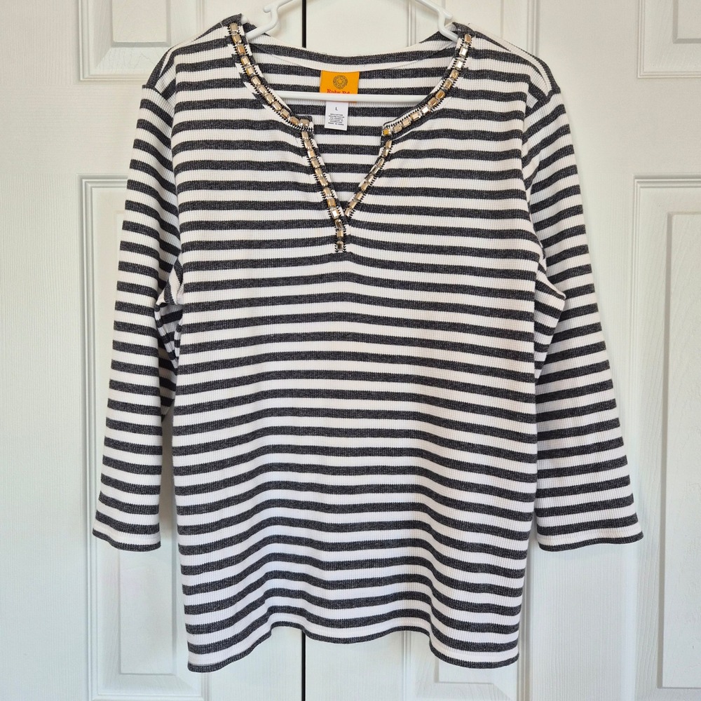 Ruby Rd Striped Waffle Knit Embellished V-Neck 3/4 Sleeve Top Black White Cruise